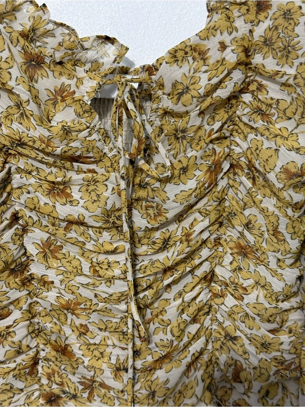 Astr the label Square Neck Ruched Top ivory mustard yellow floral blouse